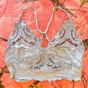 free people intimately blue lace cut out open back halter crop top